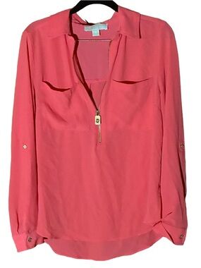 Blouse Michael Kors 3/4 Zip Utility Shirt Translucent Top Flamingo Pink Gold